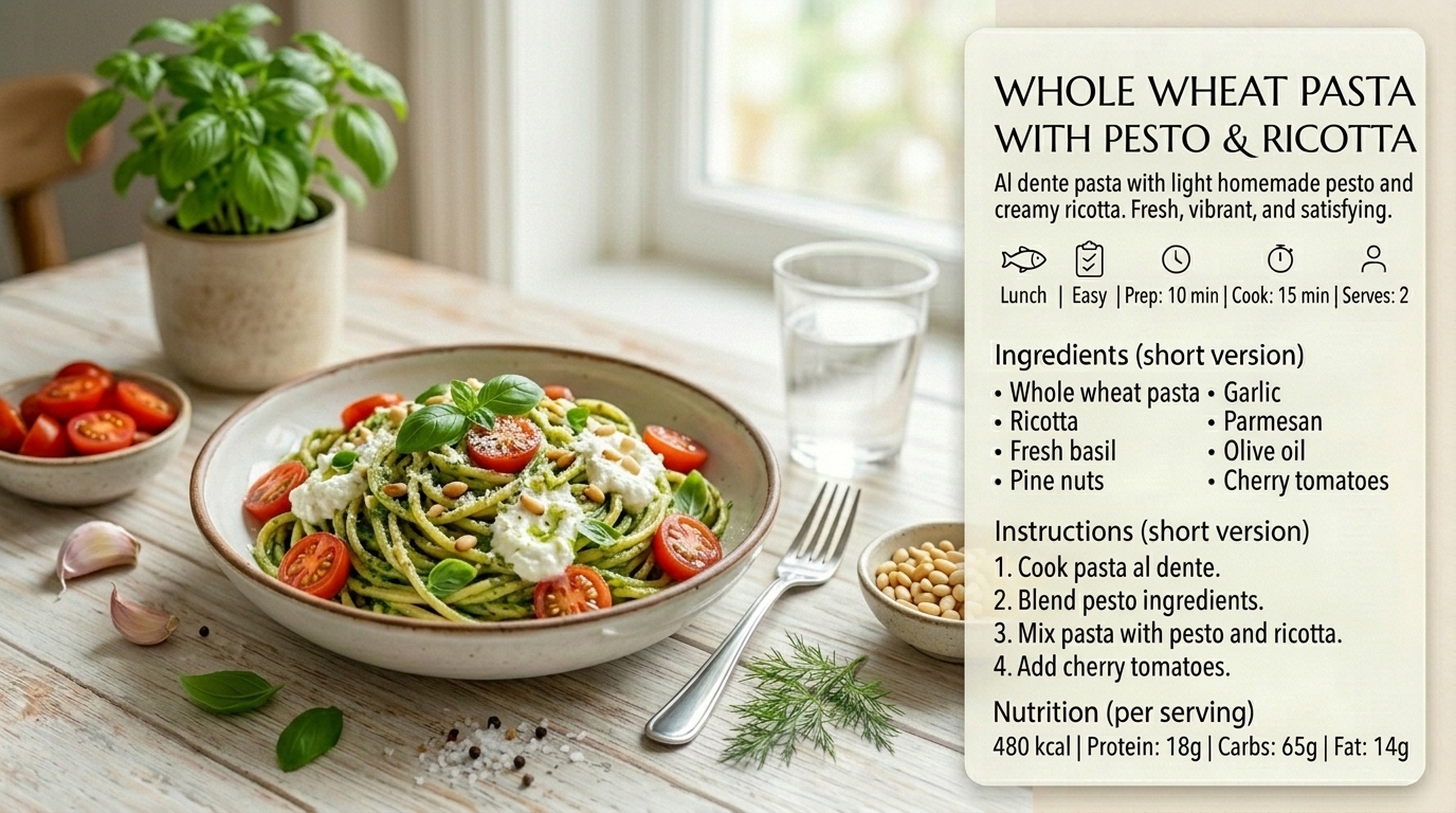 Pâtes complètes pesto basilic ricotta